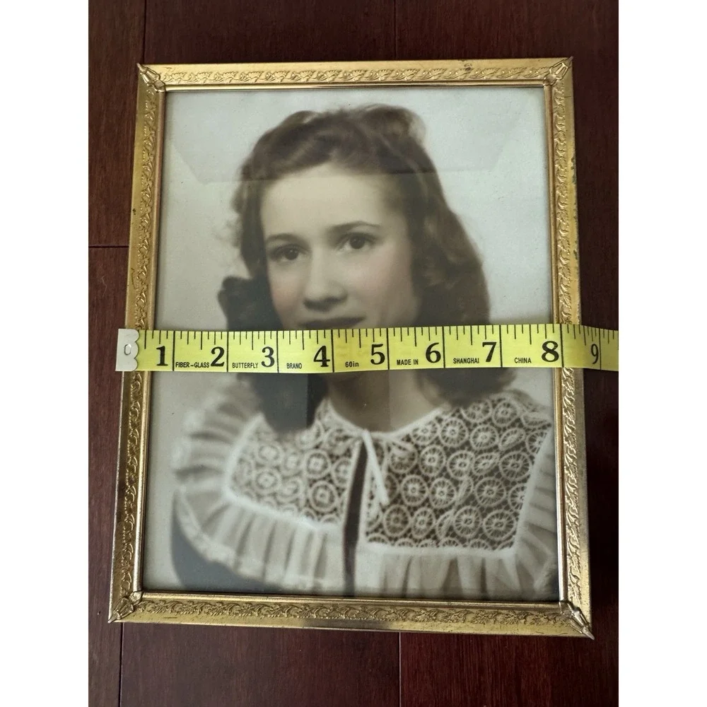 Vintage Hand Tinted Photo Gold Gilt Frame Woman Lace Collar Easel Back 8x11